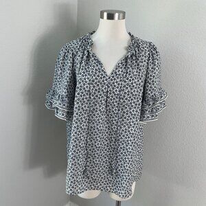 Max Studio Womens Plus 1X Black White Floral Blouse Ruffle Short Sleeve Shirt